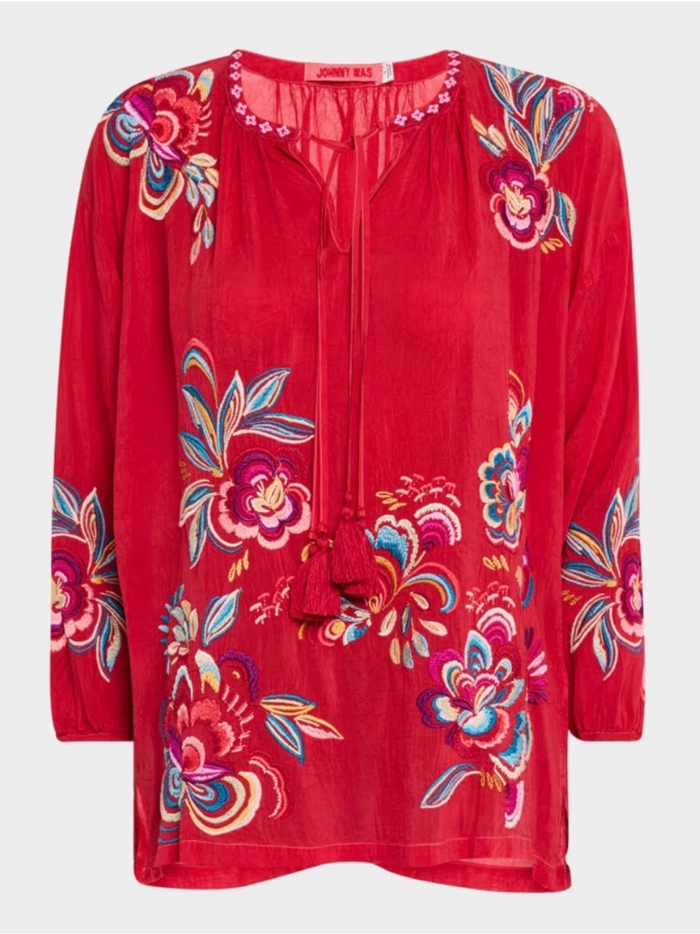 Johnny Was Zadonia Floral Embroidered Tassel Tie-Neck Blouse